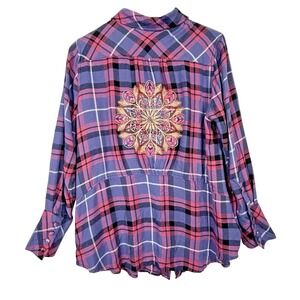Tolani Collection Embroidered Flannel Blouse Top L Buttons Pocket Cabincore Boho